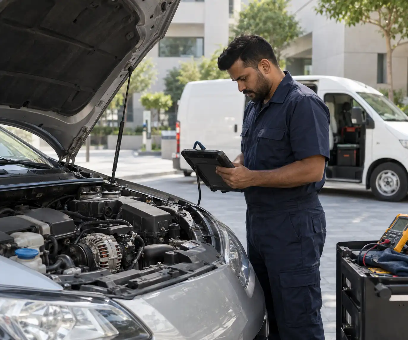 Technician testing a car alternator on-site in Dubai