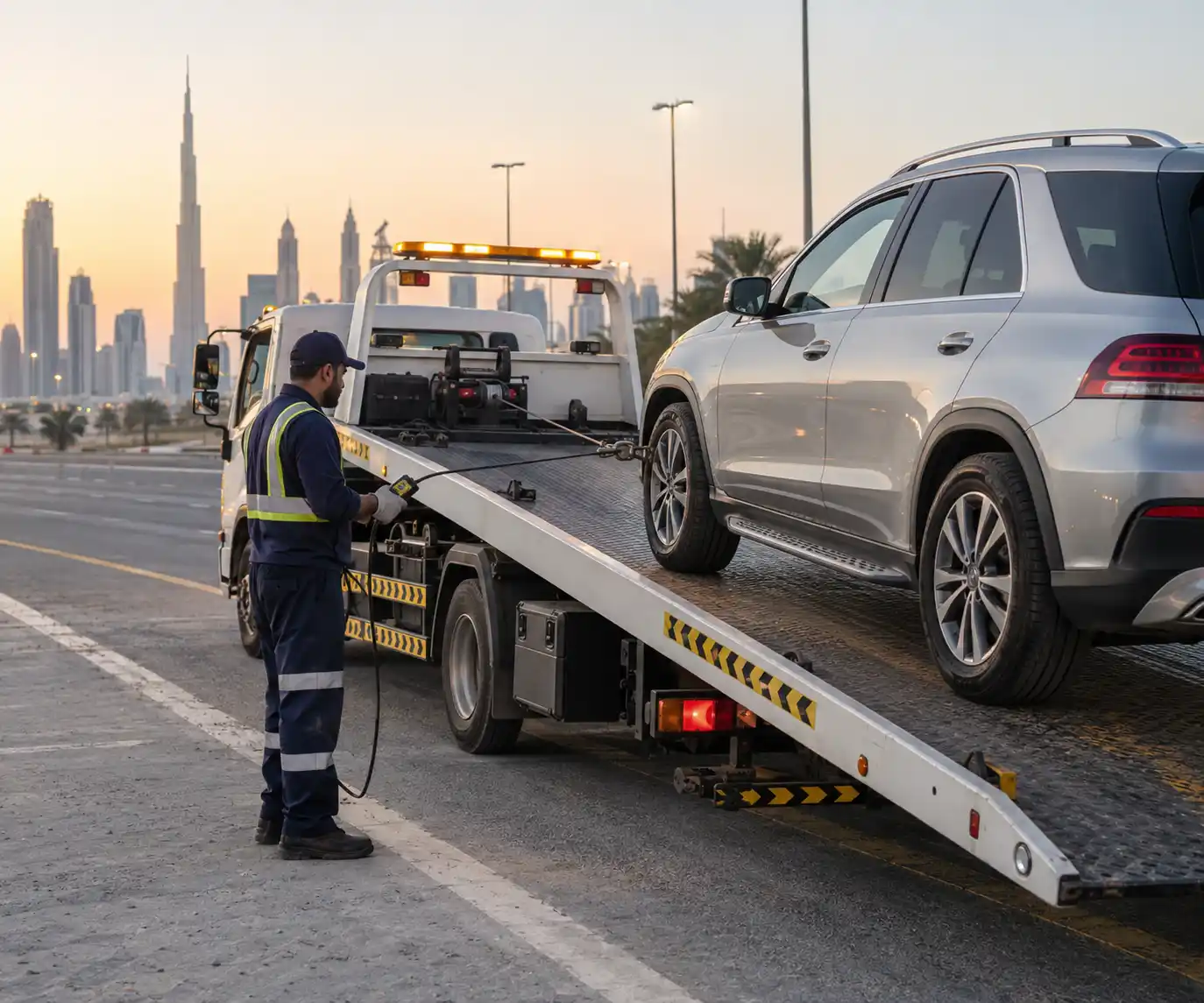 Tow truck recovering a broken-down car in Dubai