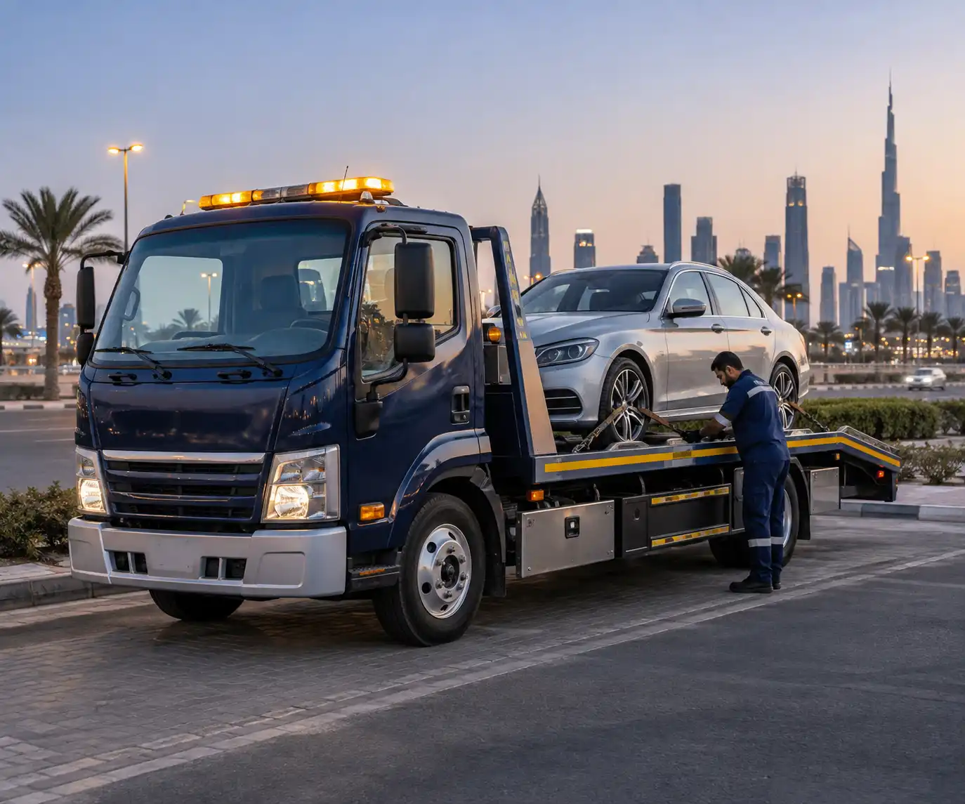 Flatbed tow truck carrying a car on a Dubai road