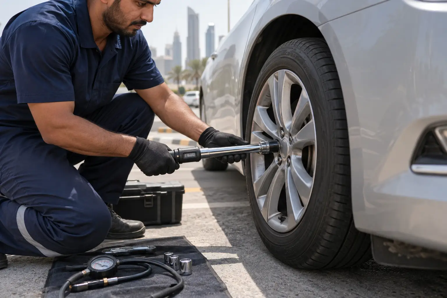 Technician tightening wheel nuts after a tyre change in Dubai