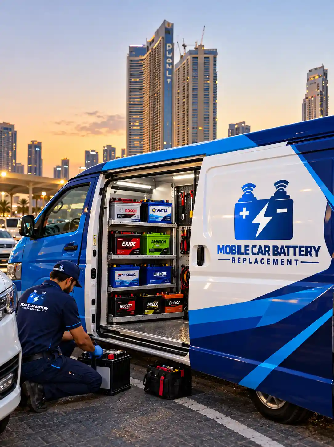 Service van at a call-out beside city towers