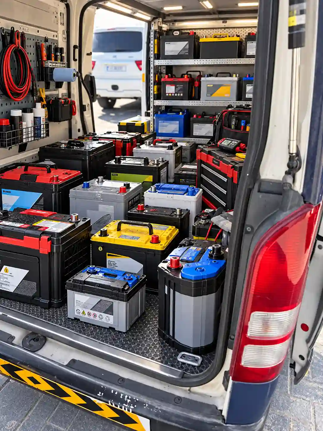 Service van loaded with new car batteries and tools