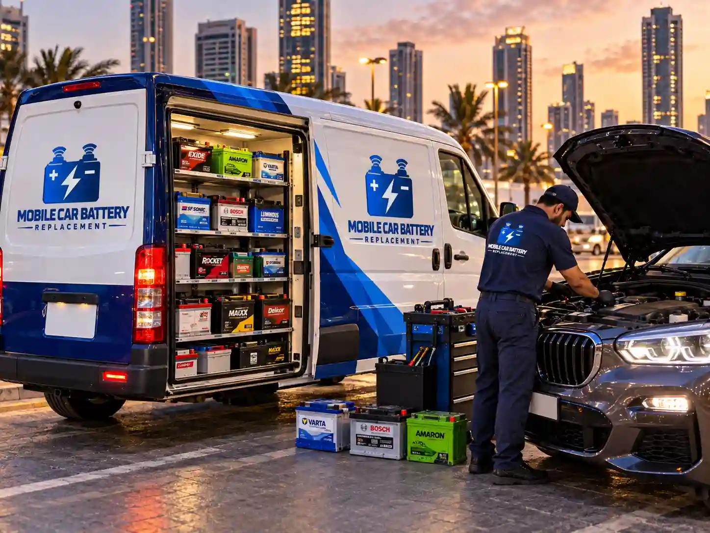 Technician working under the bonnet of an SUV beside the service van at dusk