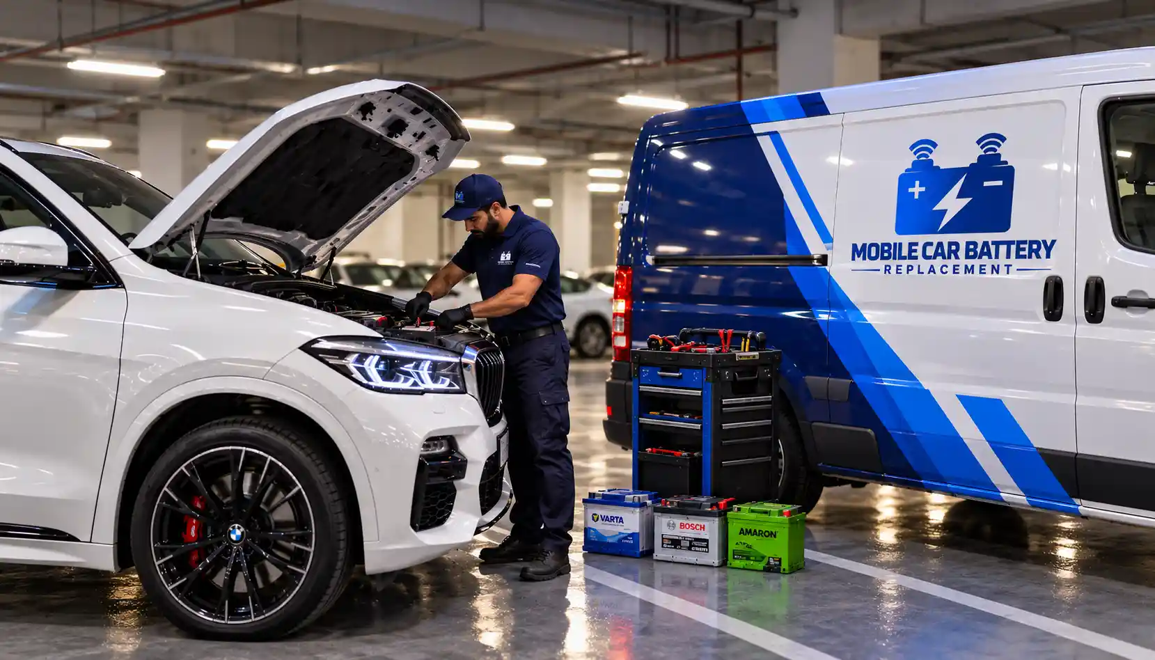 Technician fitting a battery to a white SUV beside the service van in a car park