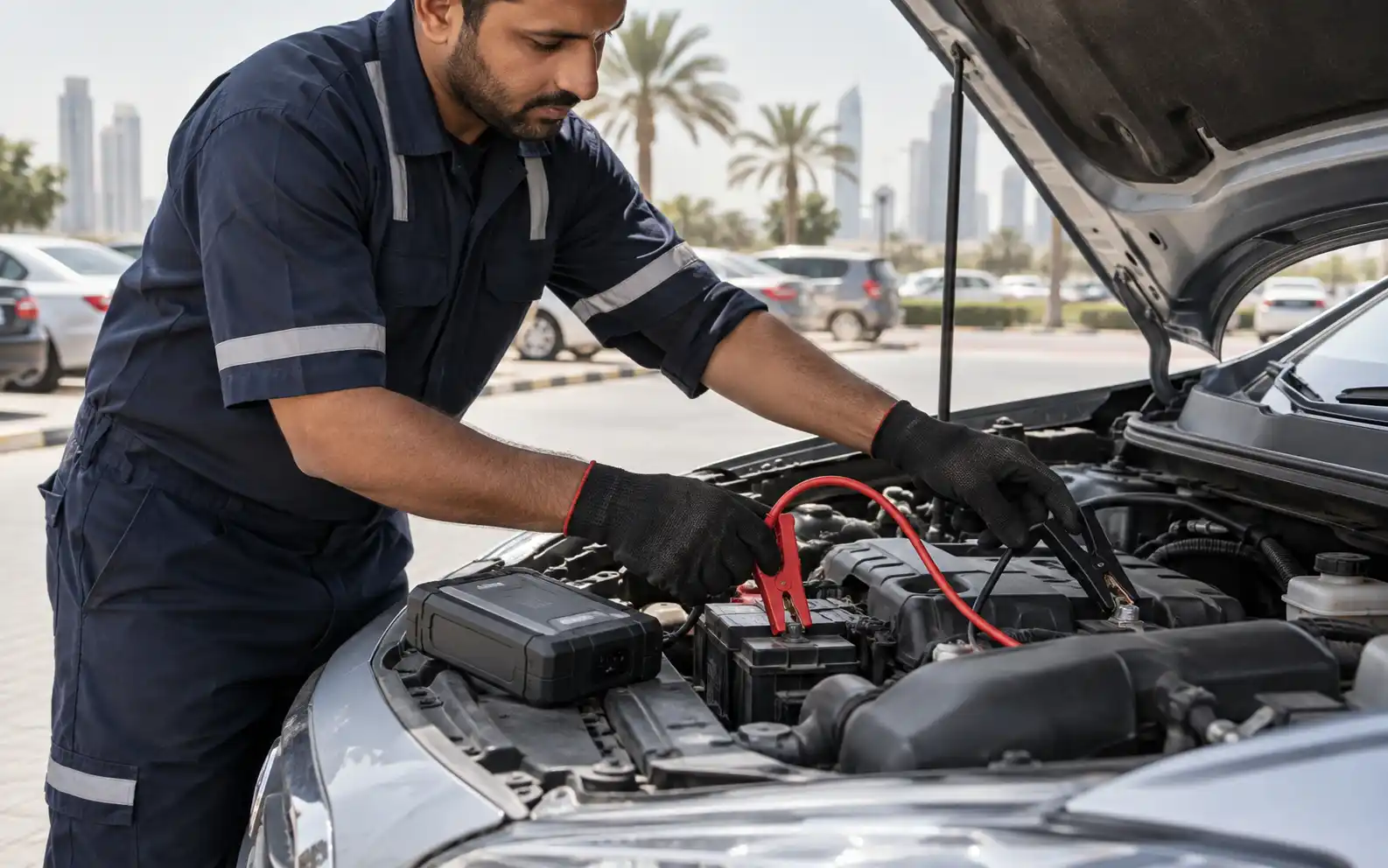Gloved technician clamping jump leads onto a car battery in an open engine bay