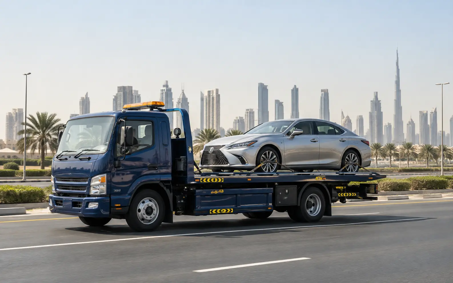 Flatbed truck carrying a silver saloon along a road with the Dubai skyline behind
