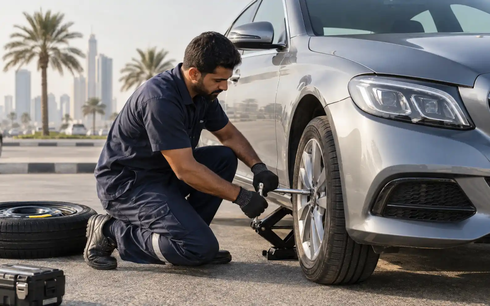 Technician kneeling at a jack to change the front wheel of a silver saloon