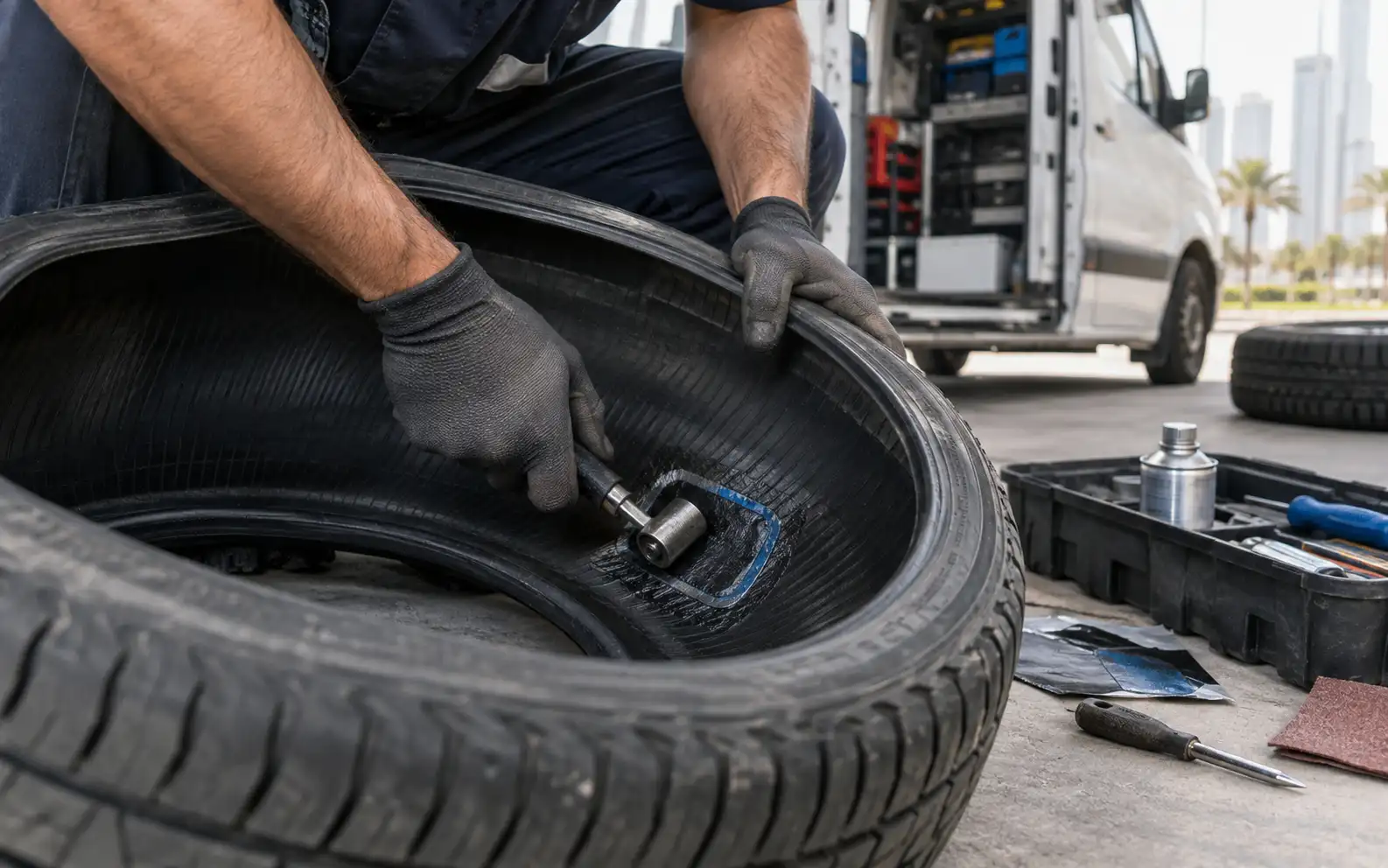 Gloved hands patching a puncture from inside a tyre, repair kit beside it