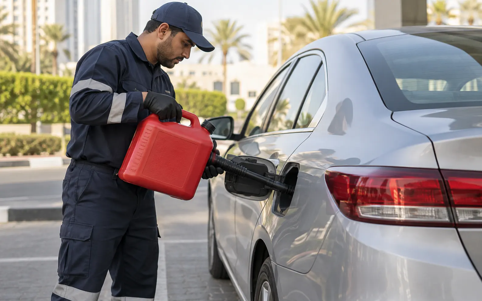 Technician pouring fuel from a red can into a stranded silver saloon