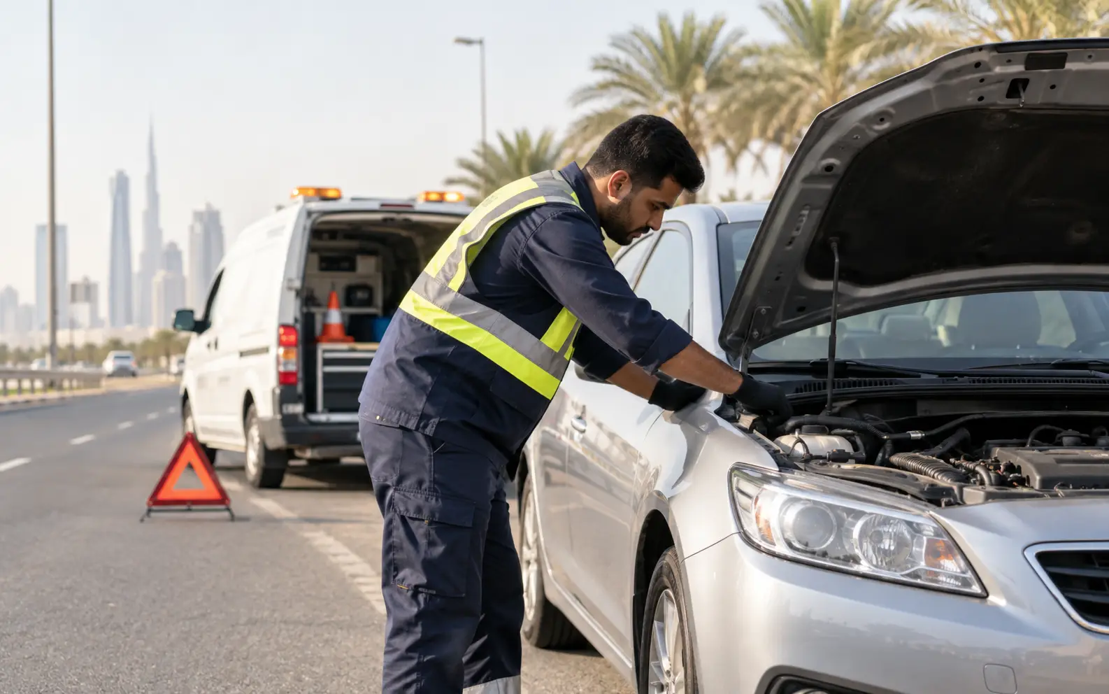 Technician in a high-visibility vest checking under the bonnet of a stopped saloon, warning triangle behind
