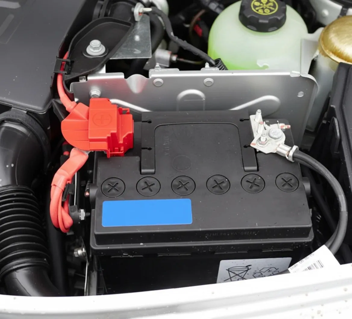 Car battery with its terminal cover off under a raised bonnet