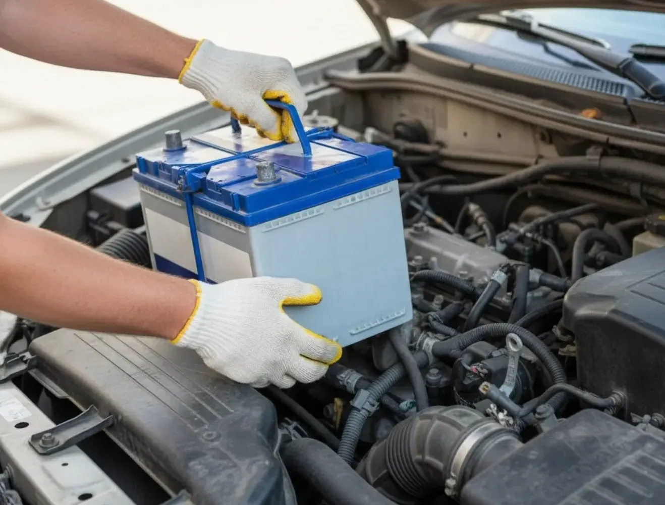 Gloved hands lowering a new battery into place
