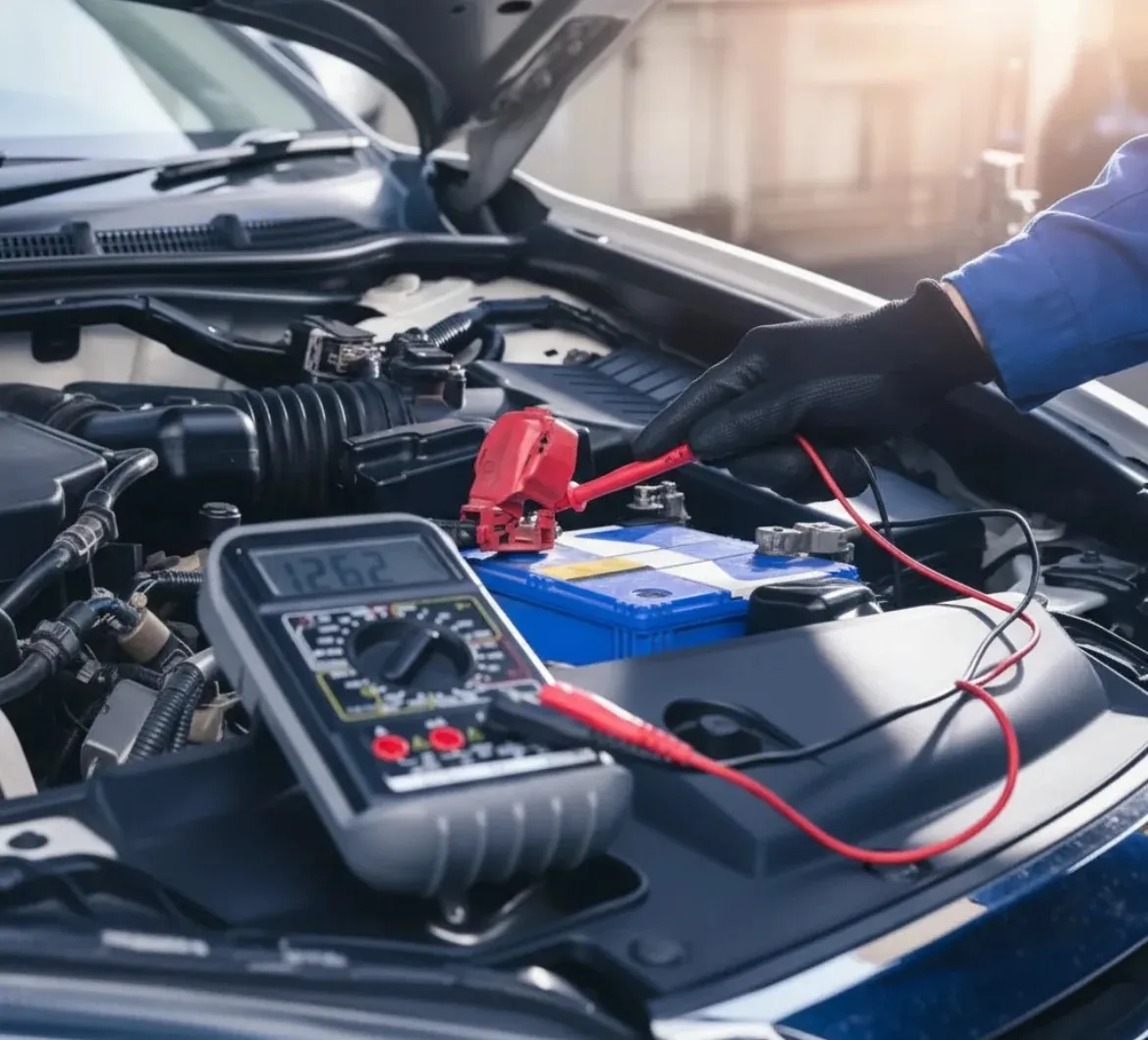 Multimeter testing a car battery under the bonnet