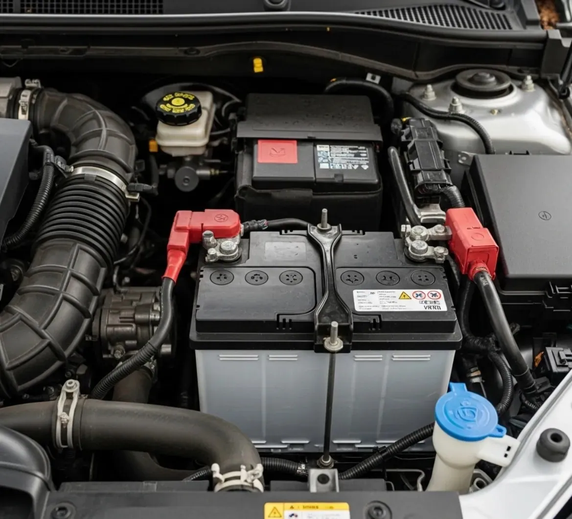 Done properly, first time Car battery with a red terminal cover in an engine bay