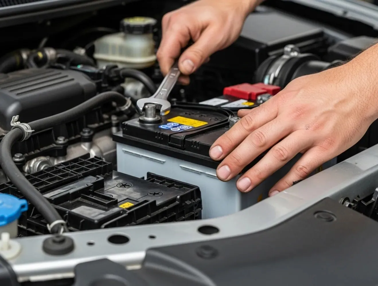 Picked to fit the car Hands tightening a battery clamp with a spanner