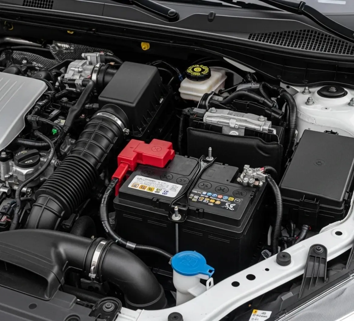 The way we work Battery with red covers fitted in an engine bay