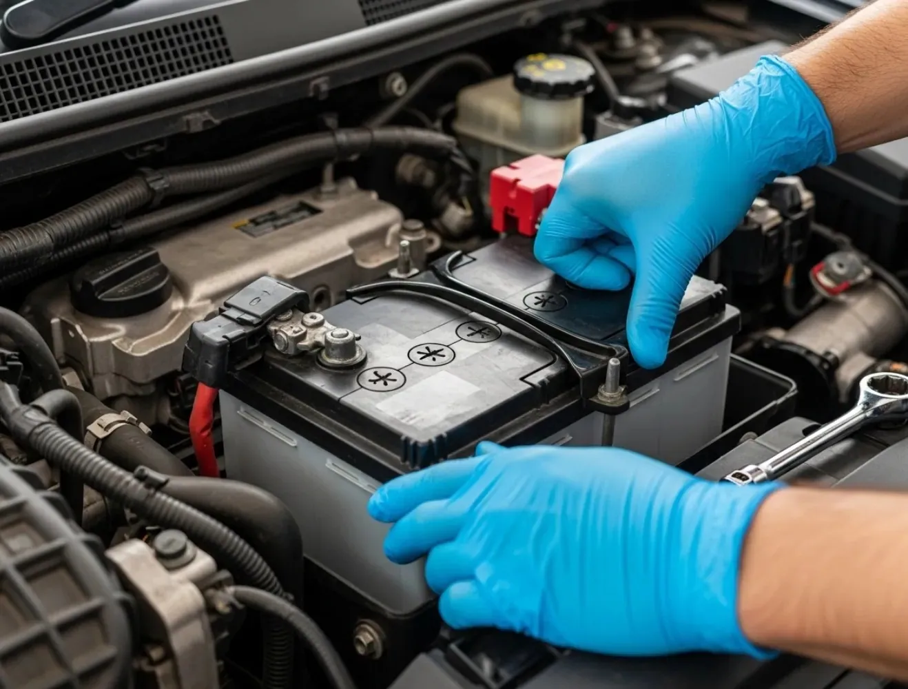 Chosen for the vehicle Blue-gloved hands fastening a battery terminal