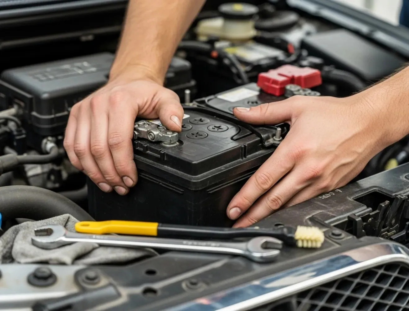 Matched to the vehicle Hands disconnecting a battery beside a spanner