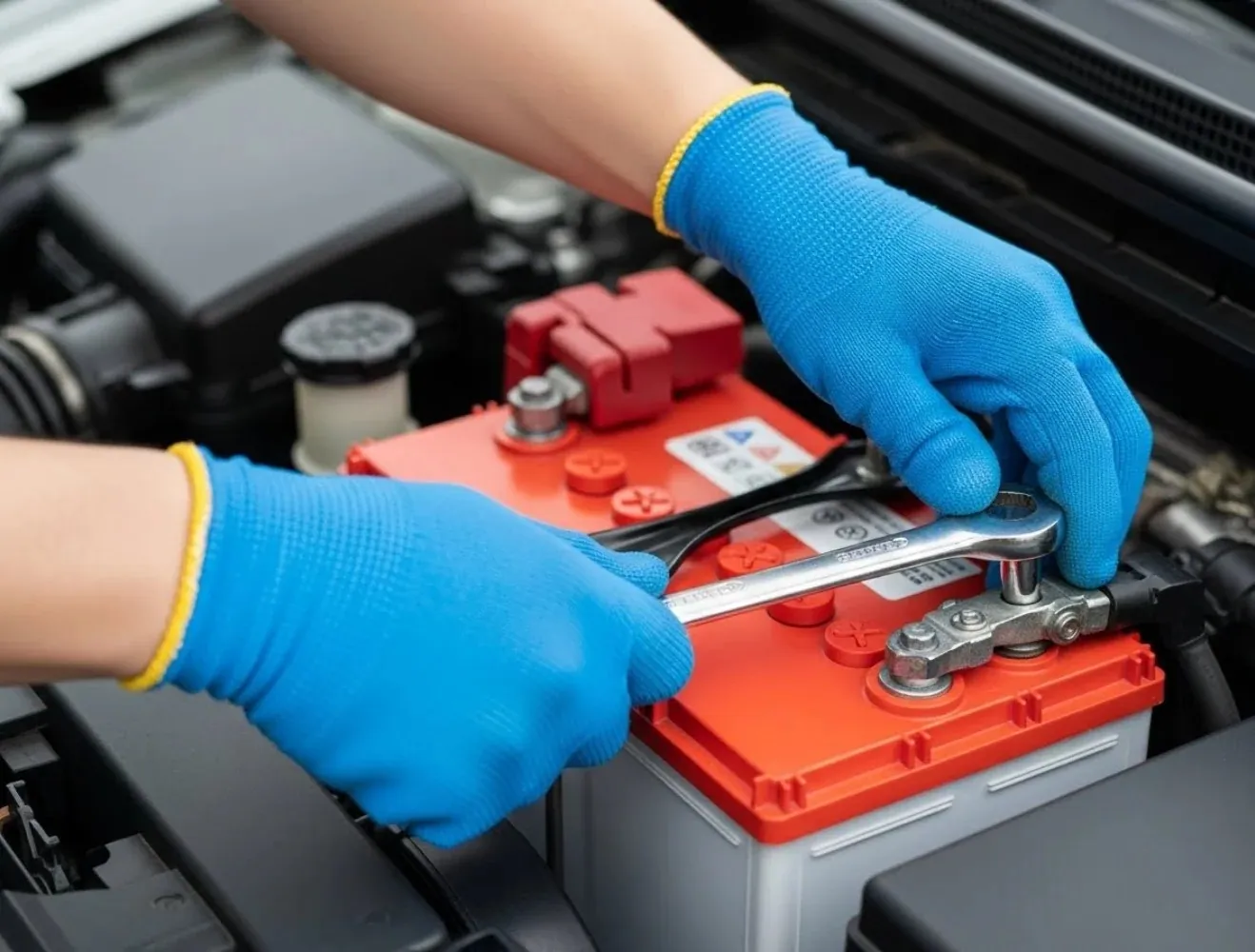On the job Blue-gloved hands tightening a red battery terminal