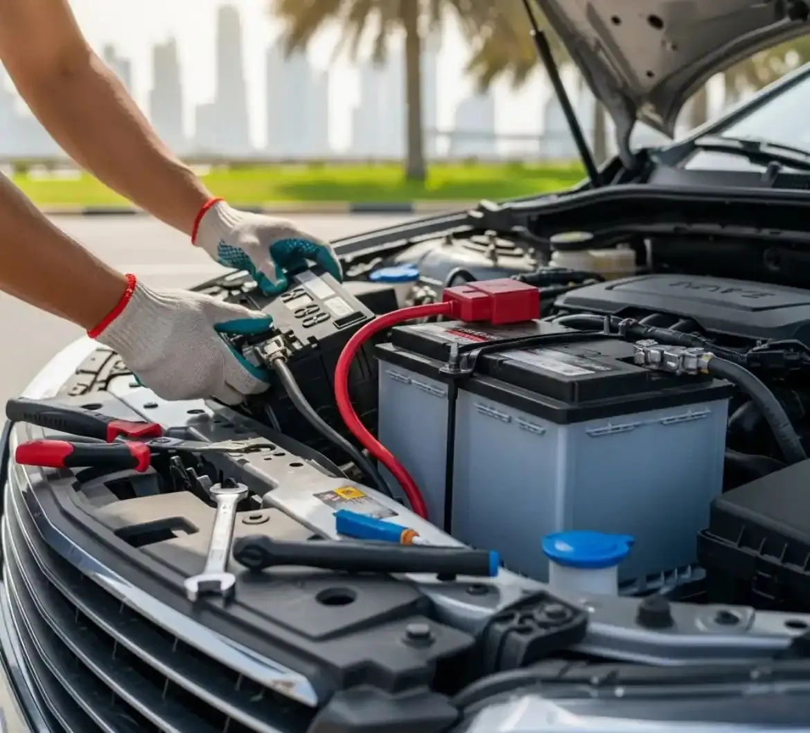 Careful hands on every job Technician fitting a battery with a spanner under the bonnet