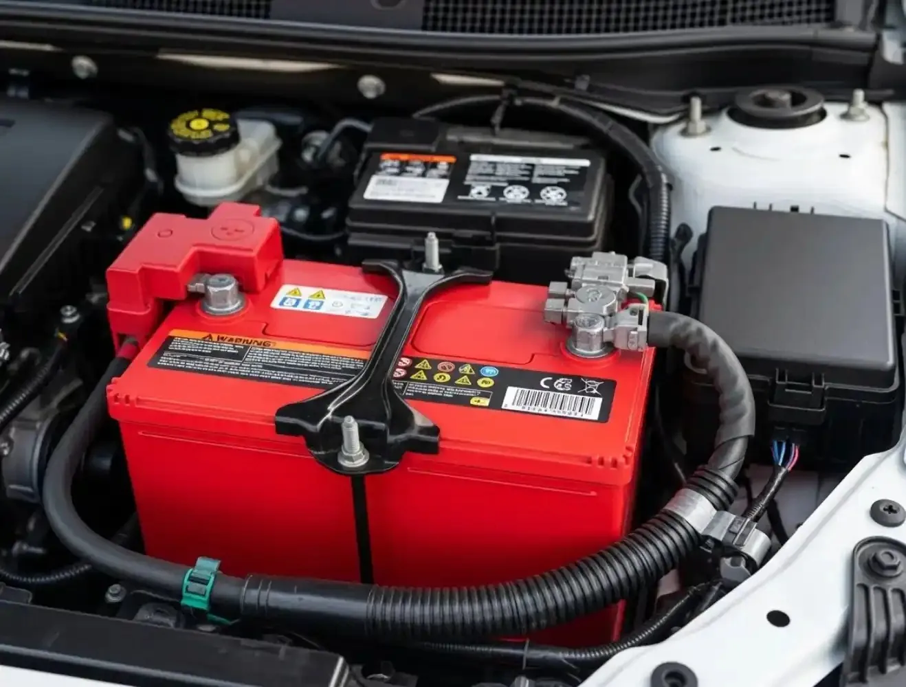 Fitting in progress Red battery fitted in an engine bay