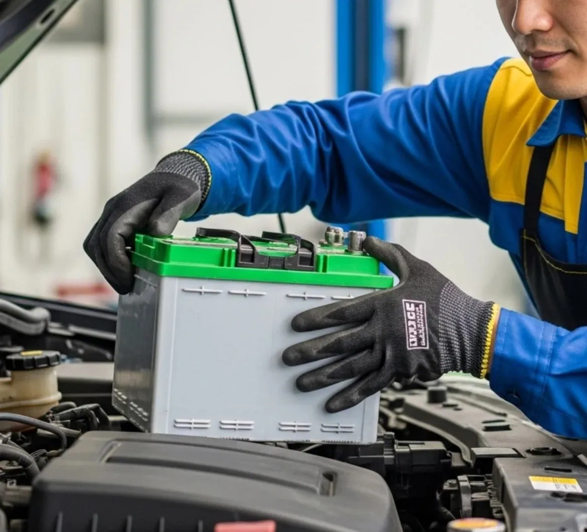 Done properly, first time Technician holding a new battery over the engine bay