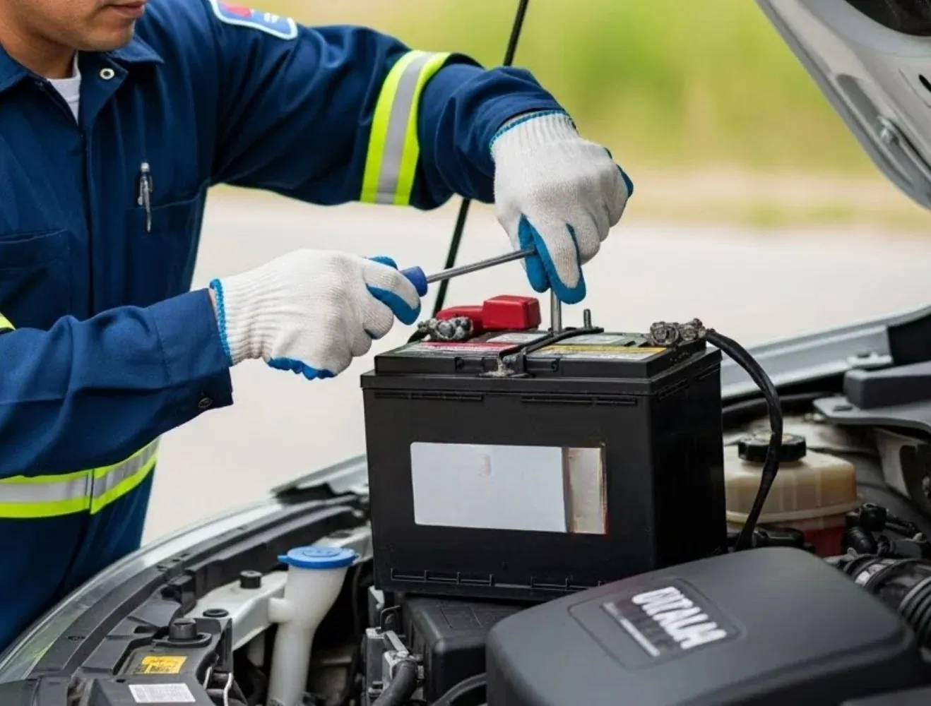 Picked to fit the car Technician in a high-visibility jacket fitting a battery