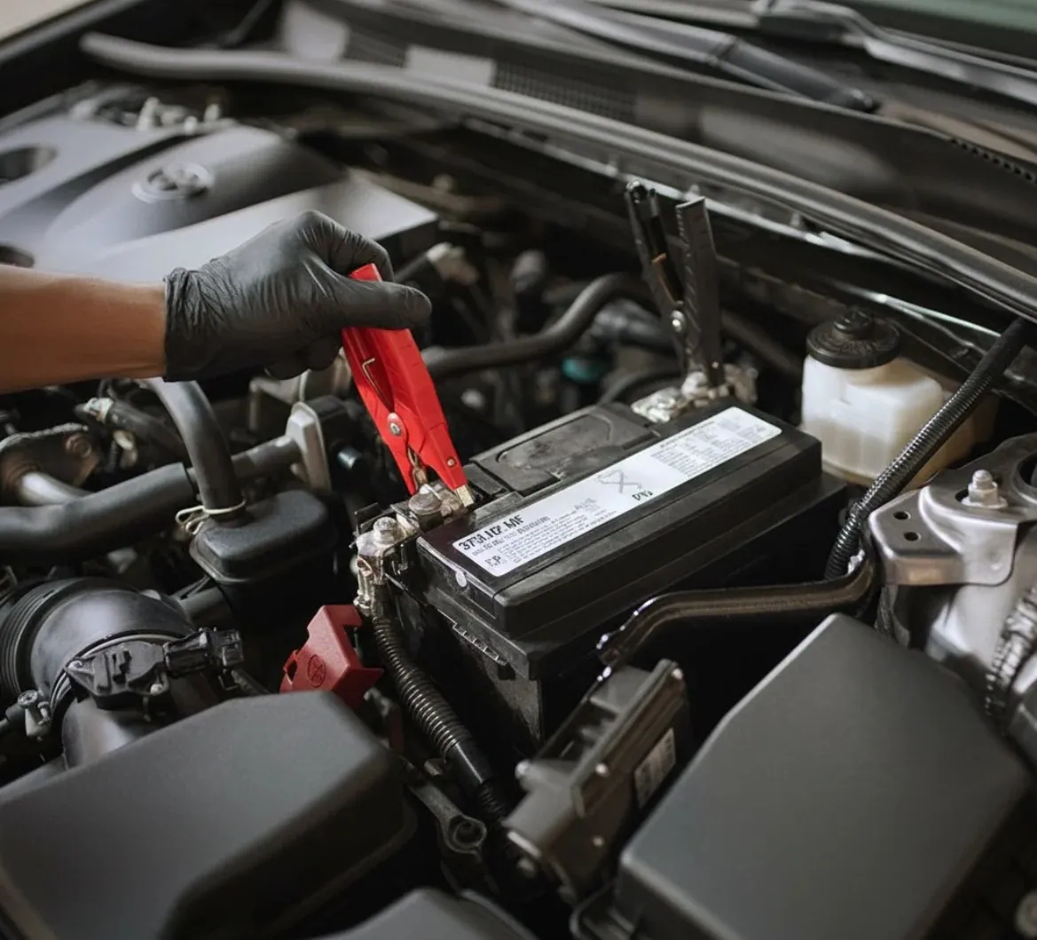 Gloved hand fixing a jump lead to a battery