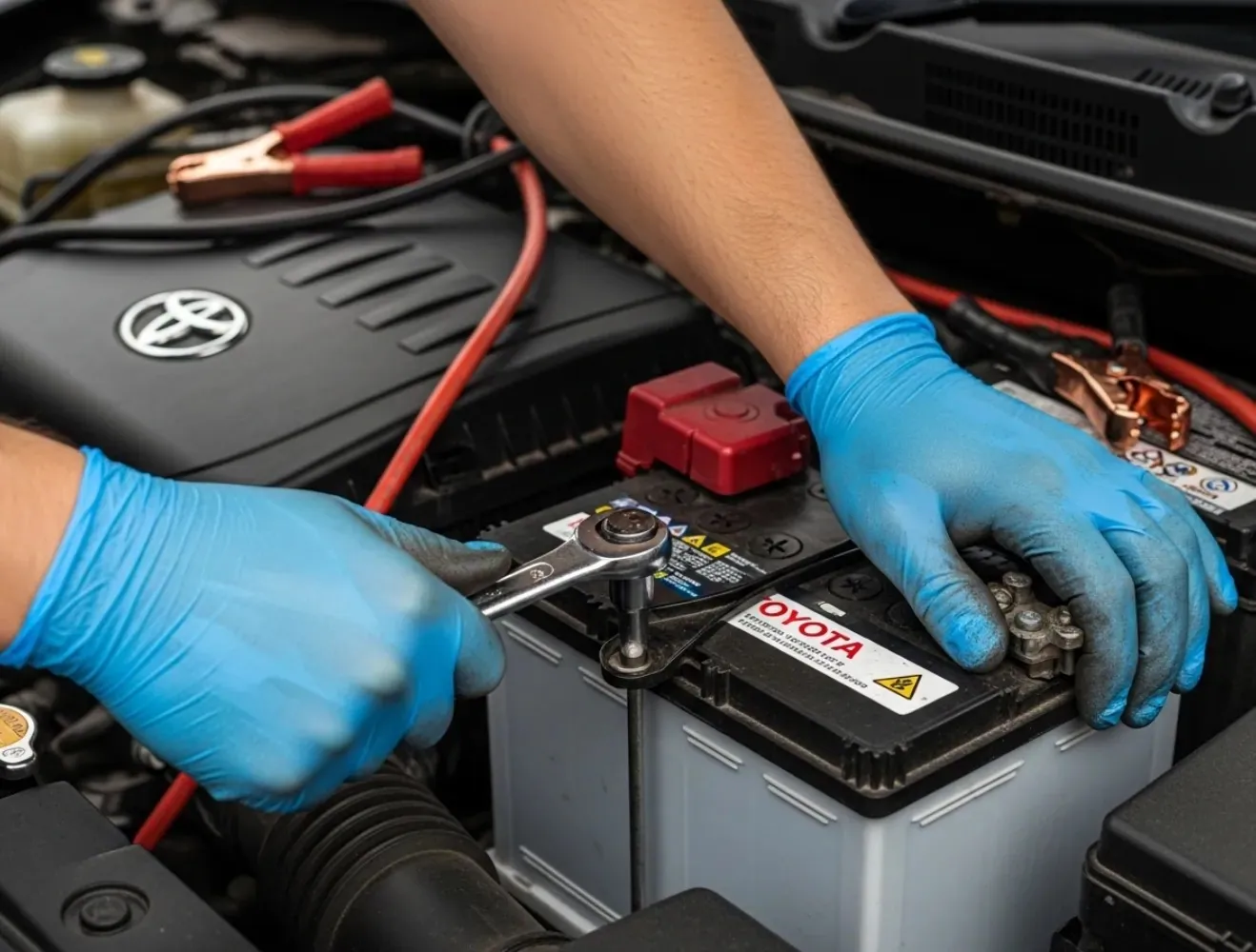 Matched to the vehicle Blue-gloved hands connecting a Toyota battery