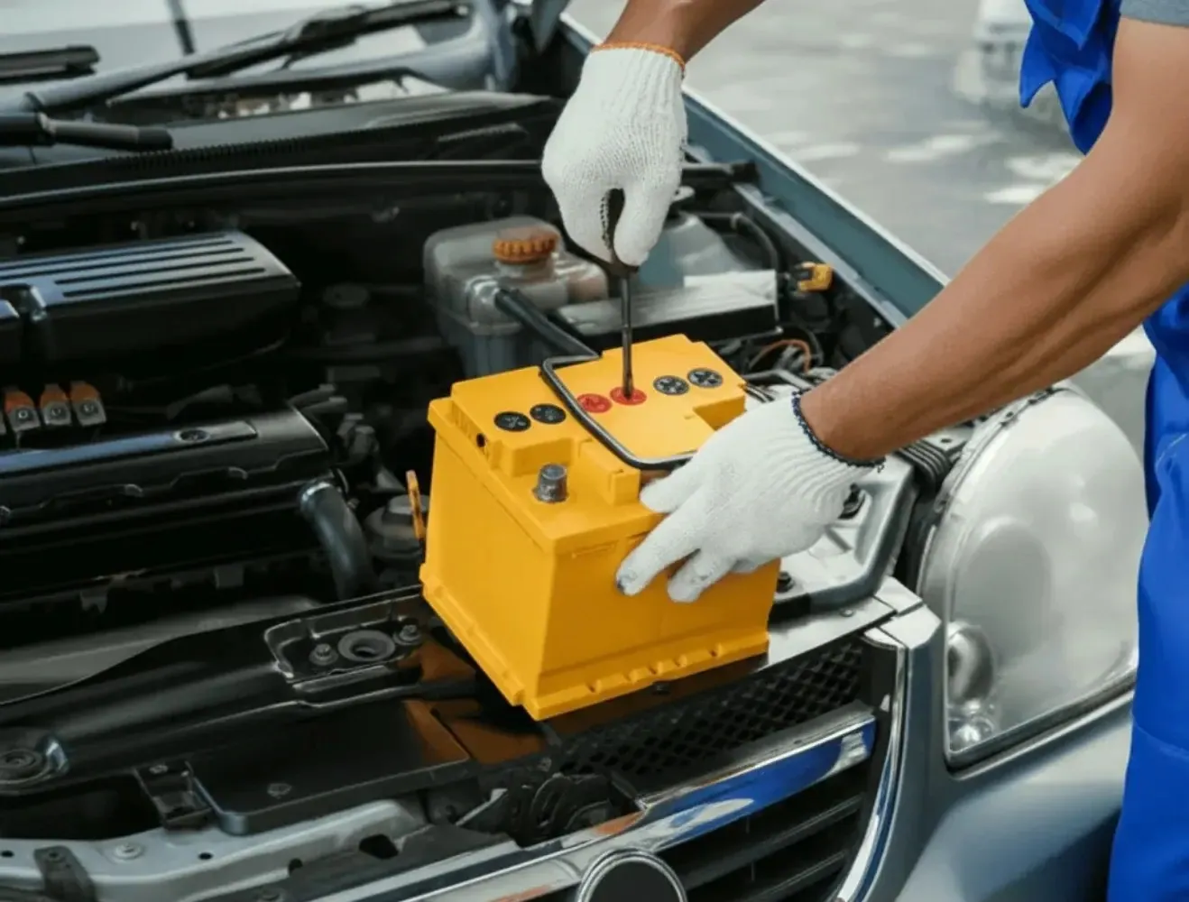 White-gloved hands fitting a yellow battery