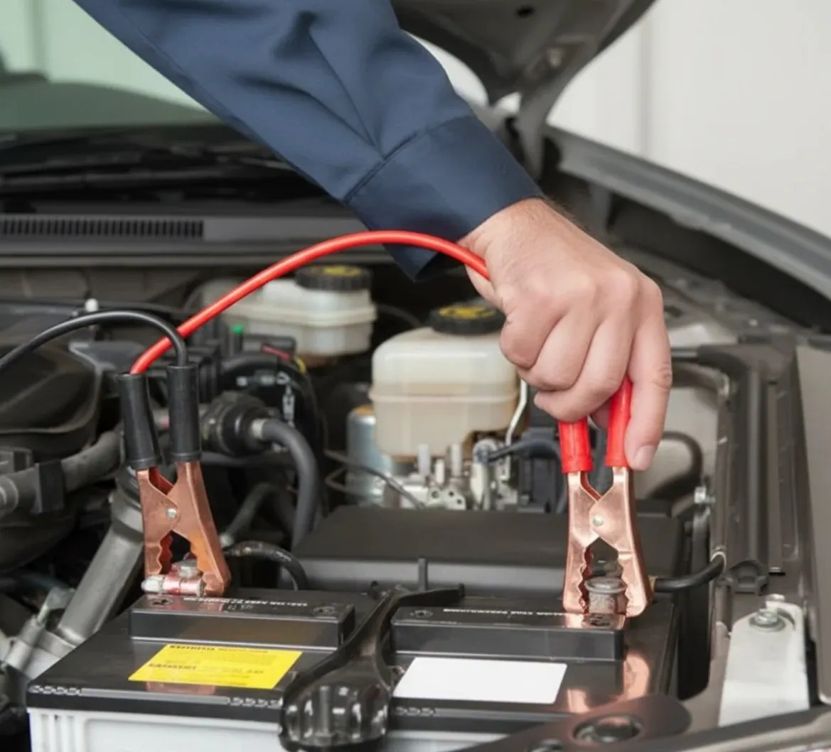 Done properly, first time Jump leads clamped onto a car battery