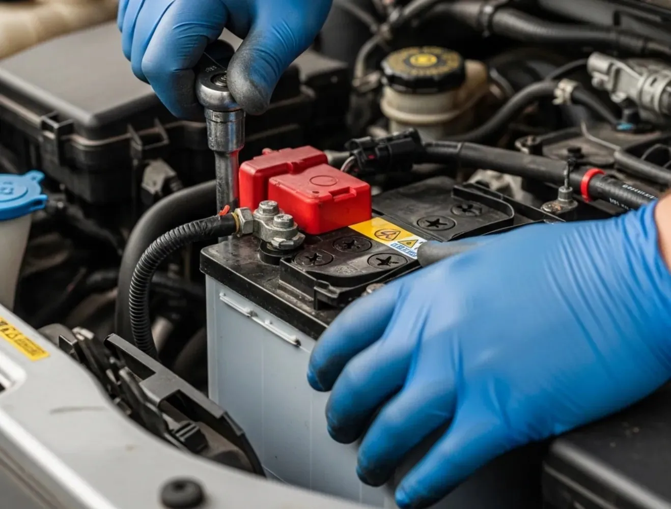 Chosen for the vehicle Blue-gloved hand loosening a battery terminal