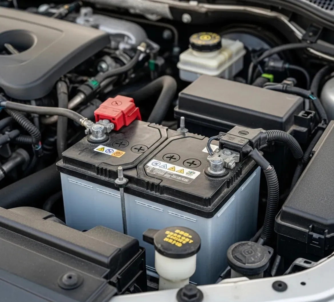 The way we work Car battery with a red terminal cap in an engine bay