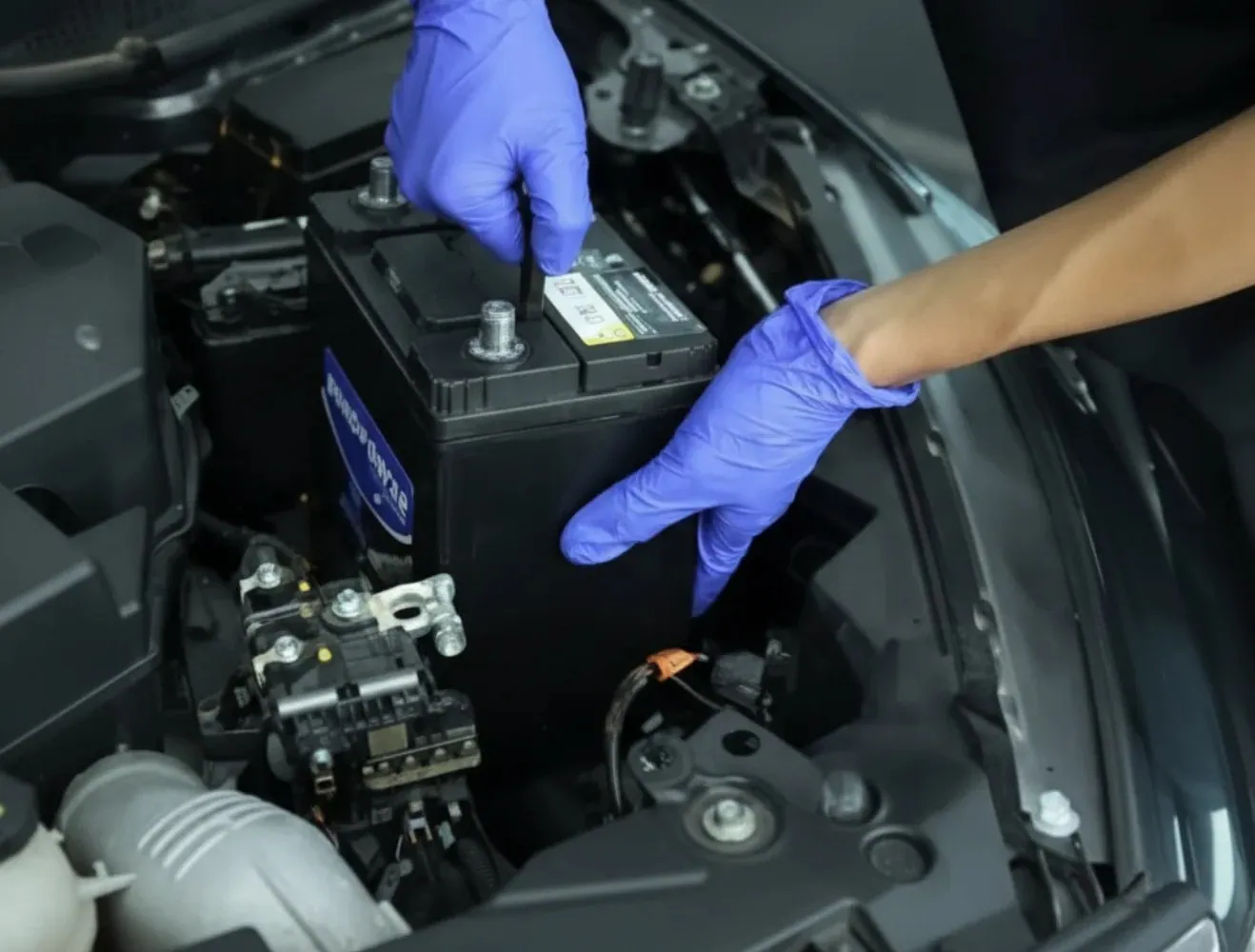 Matched to the vehicle Purple-gloved hands placing a battery