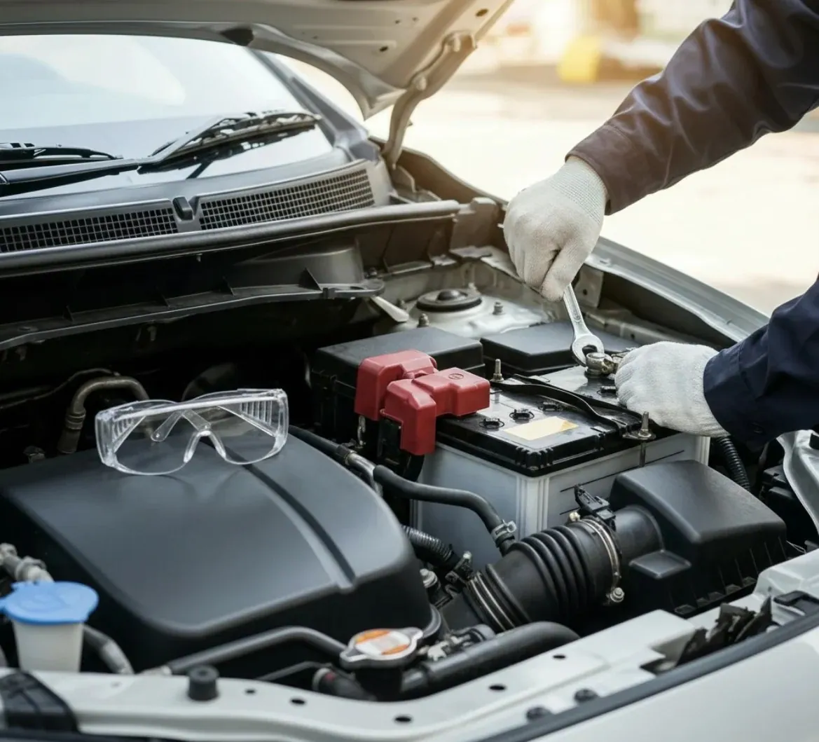 Why drivers call us Technician loosening a terminal beside safety glasses