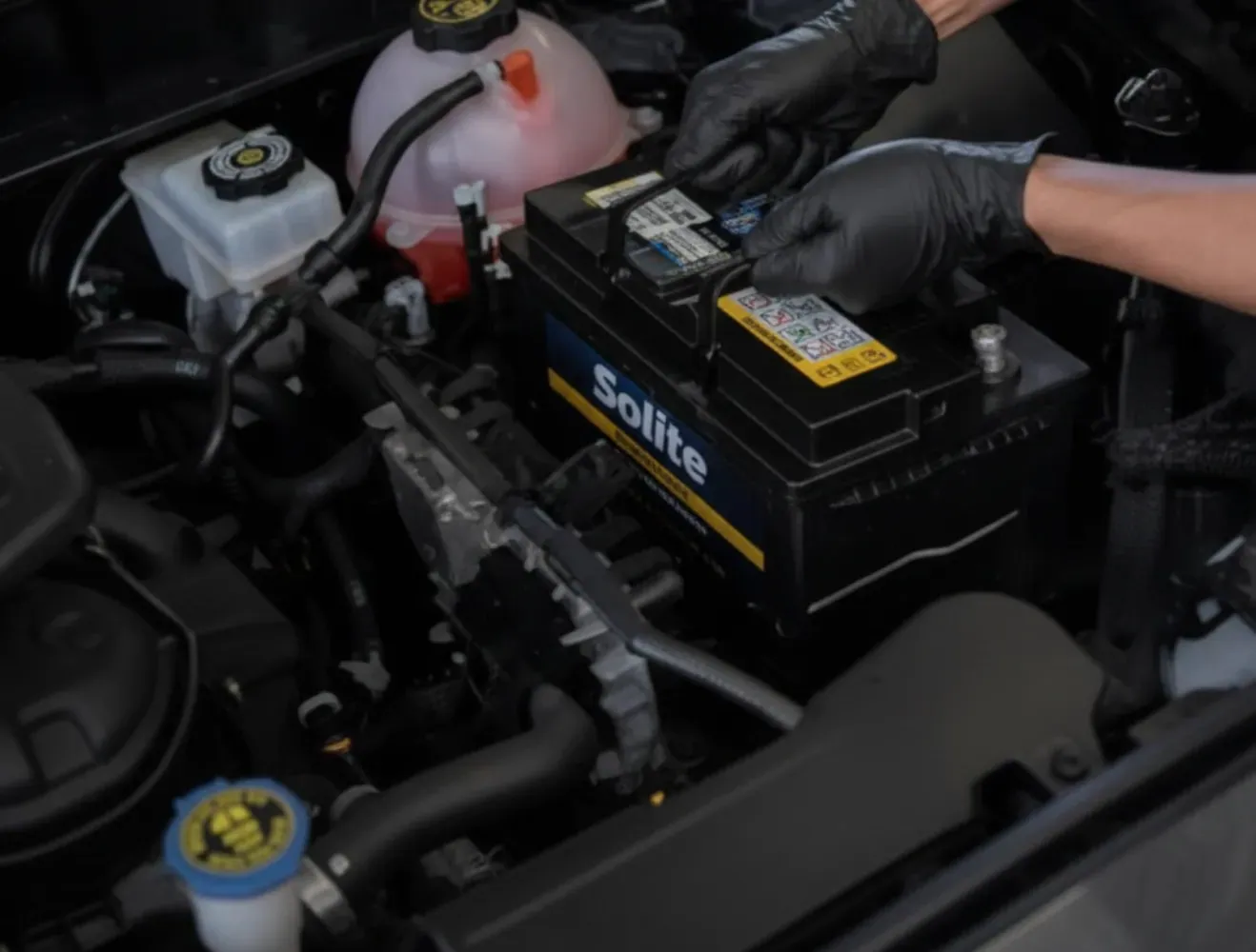 On the job Gloved hands handling a Solite battery