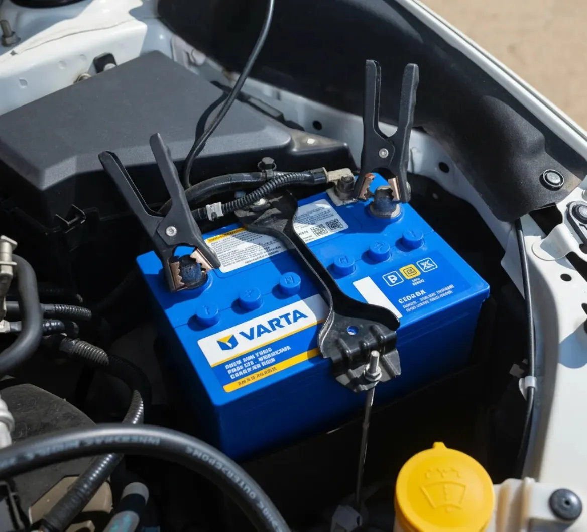 Careful hands on every job Jump clamps on a pair of Varta batteries