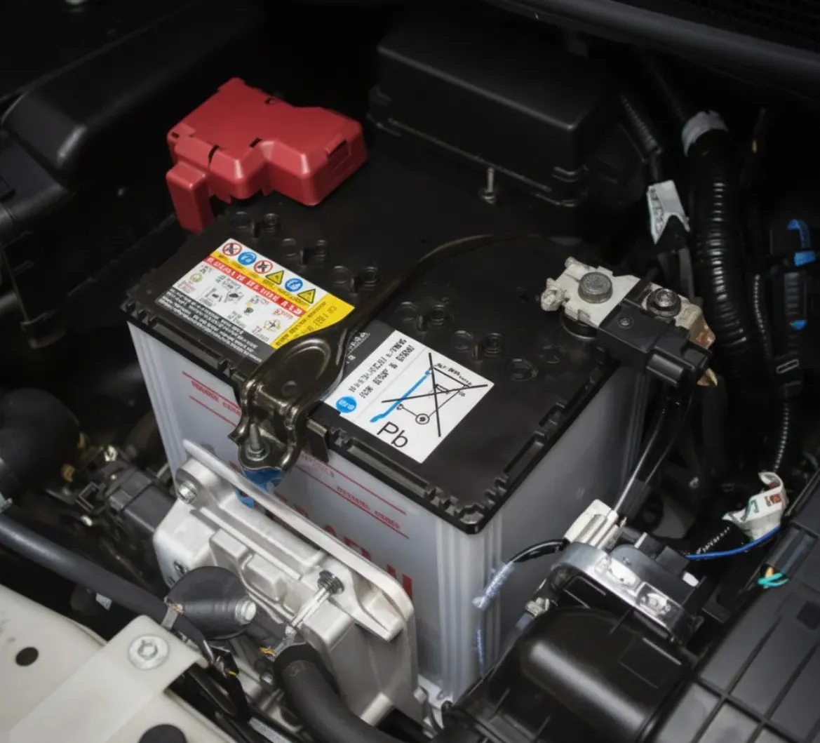 Battery with a red terminal cover in a tight engine bay