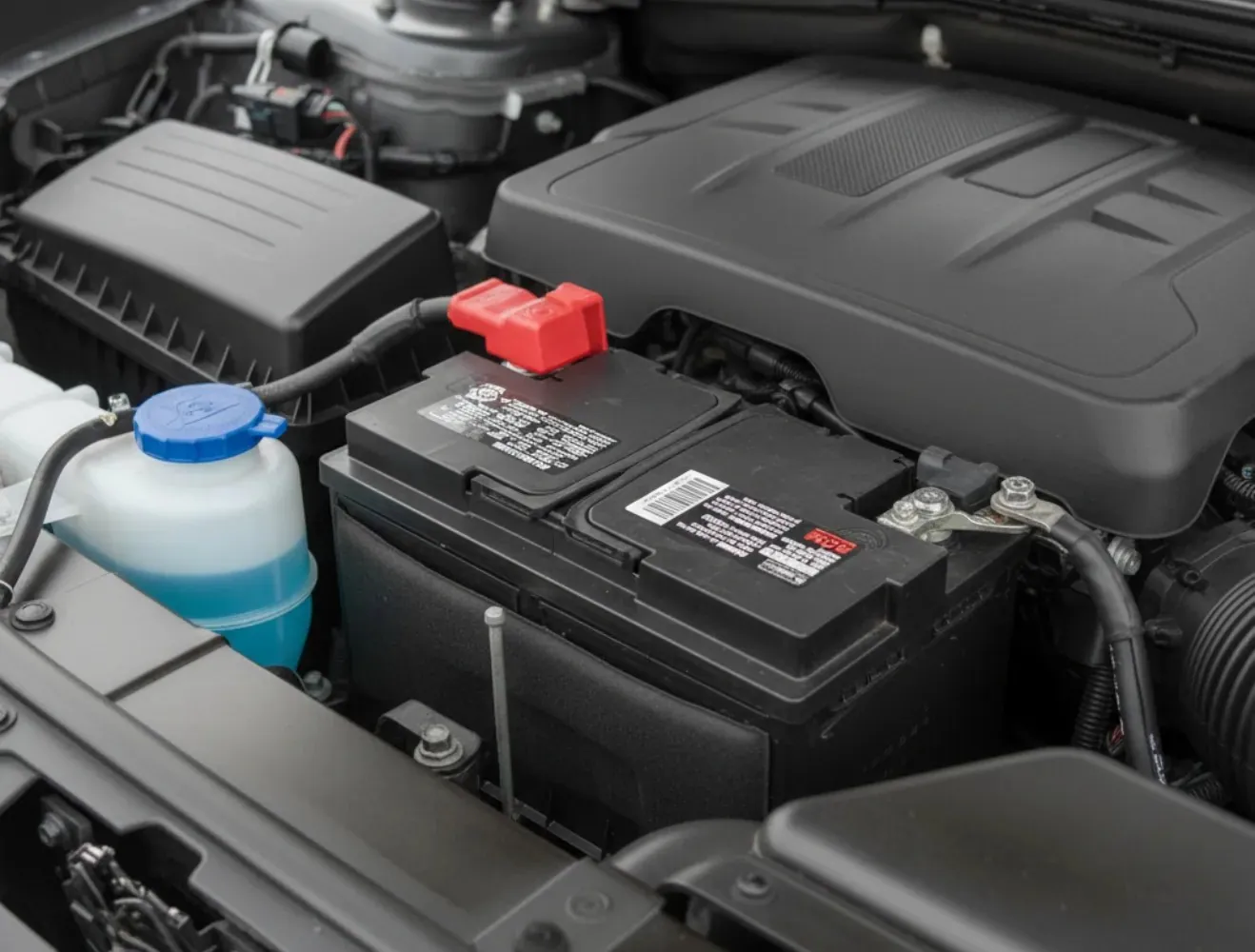 Car battery in the engine bay beside the washer tank
