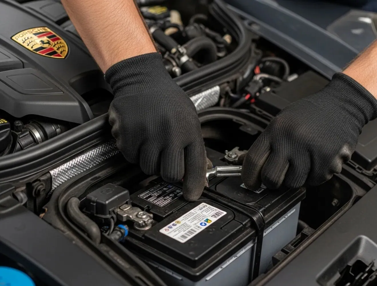 Matched to the vehicle Black-gloved hands working on a Porsche battery