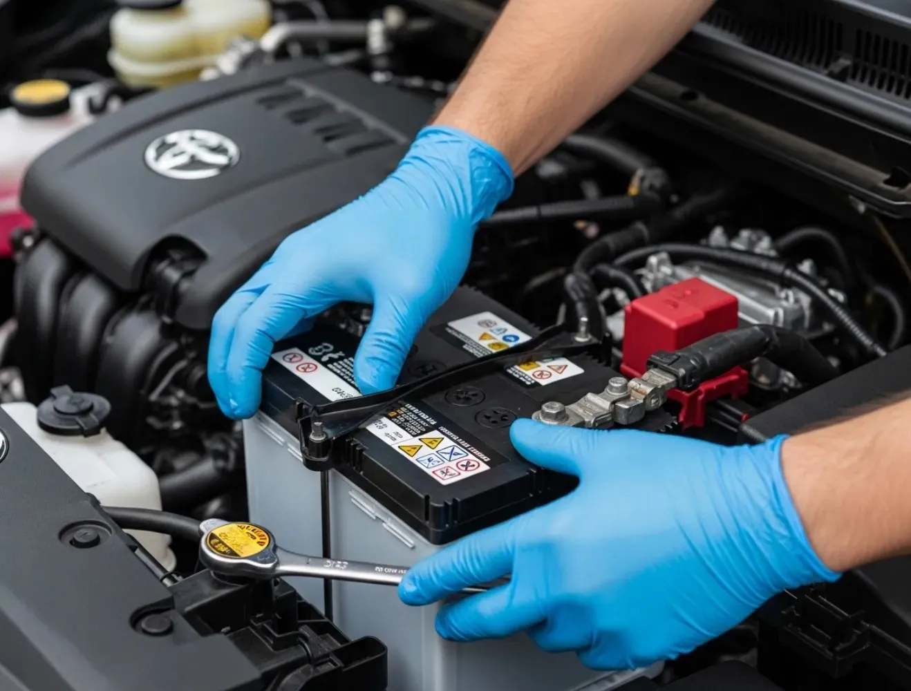 Blue-gloved hands fixing a battery terminal