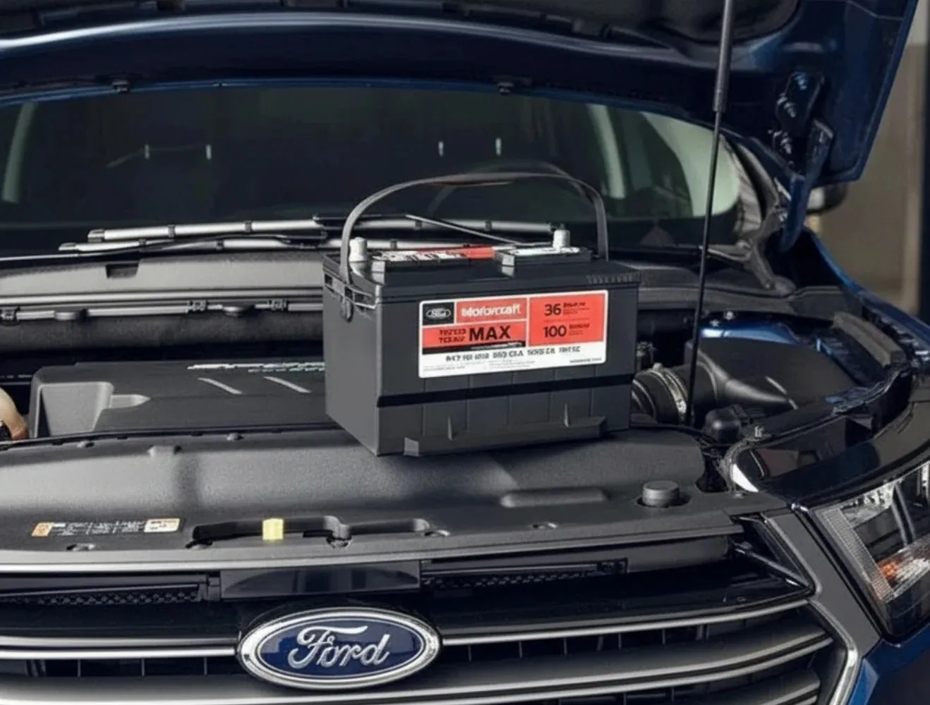 Fitting in progress New battery sitting on a Ford engine bay
