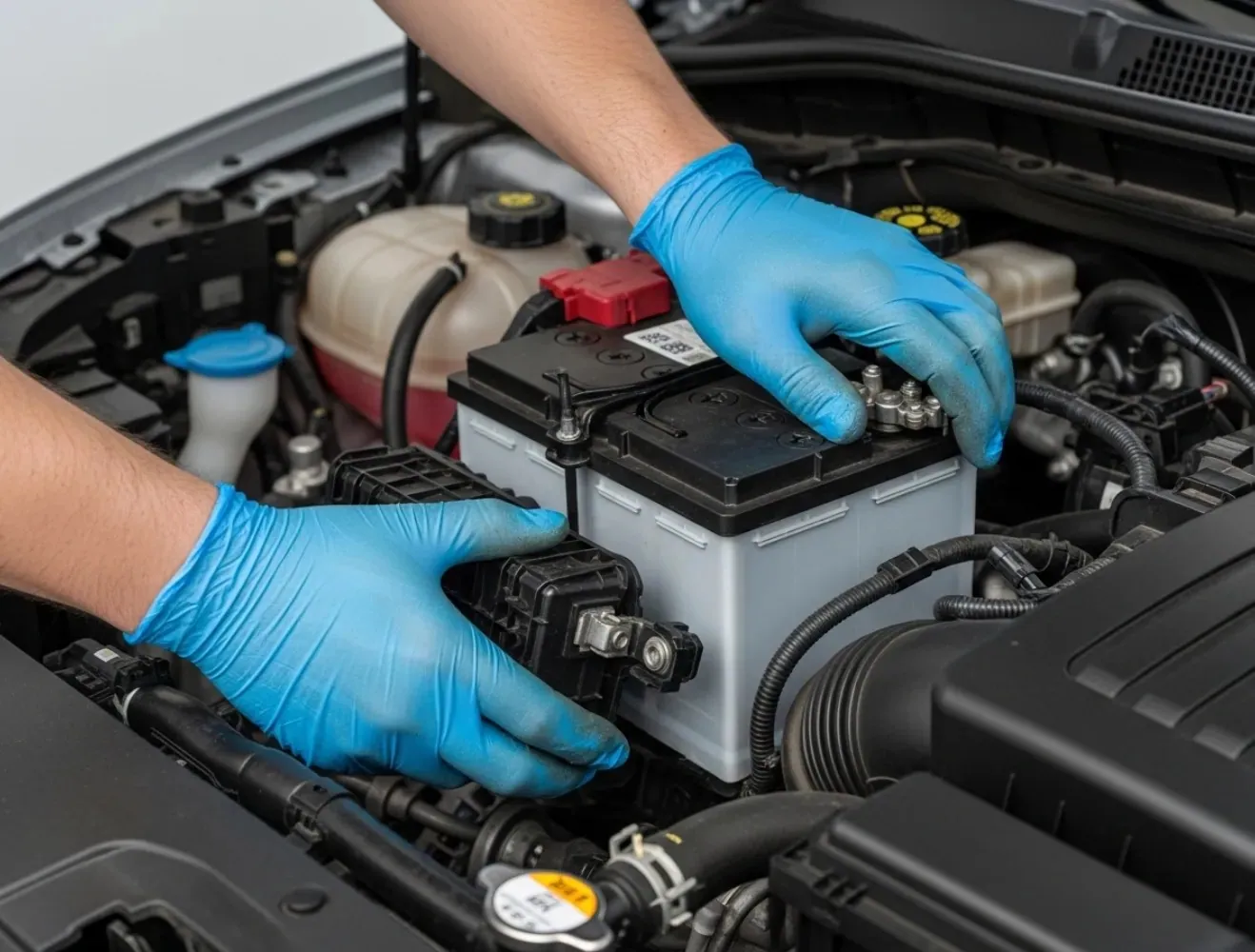 Chosen for the vehicle Blue-gloved hands lifting a battery out