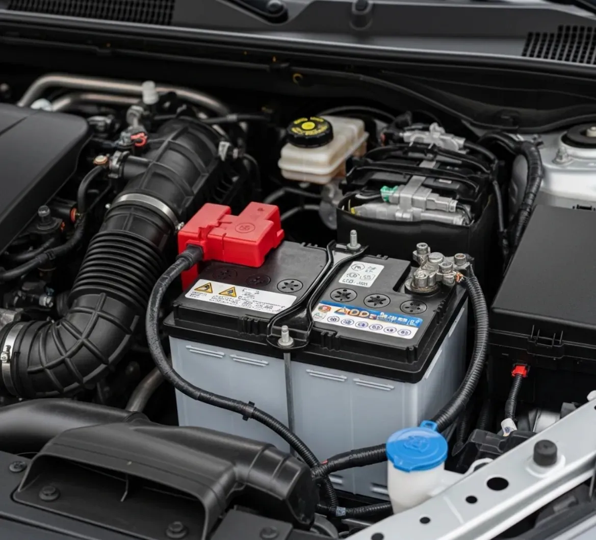The way we work Car battery with a red cap in the engine bay