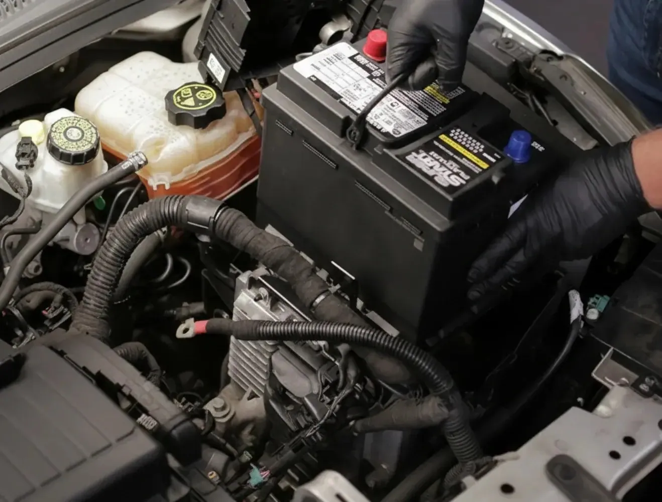 Matched to the vehicle Black-gloved hand on a battery in the engine bay