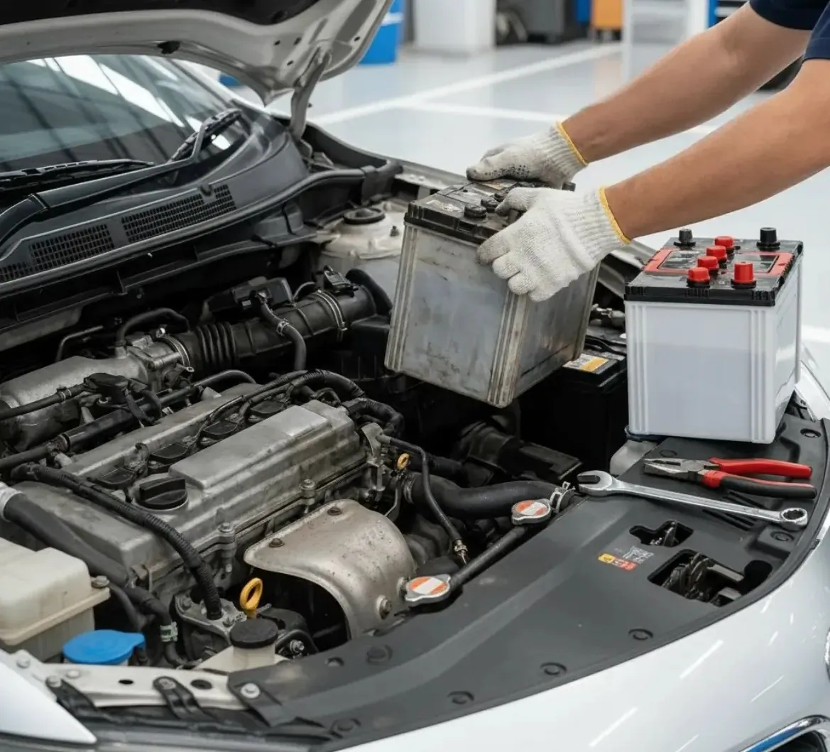 Careful hands on every job Old and new batteries side by side during a swap