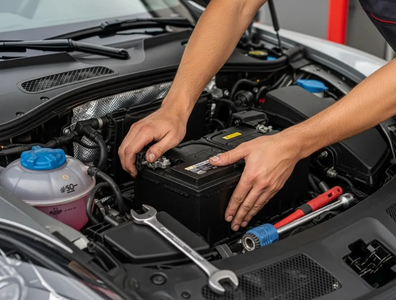 Hands fitting a battery with tools beside it