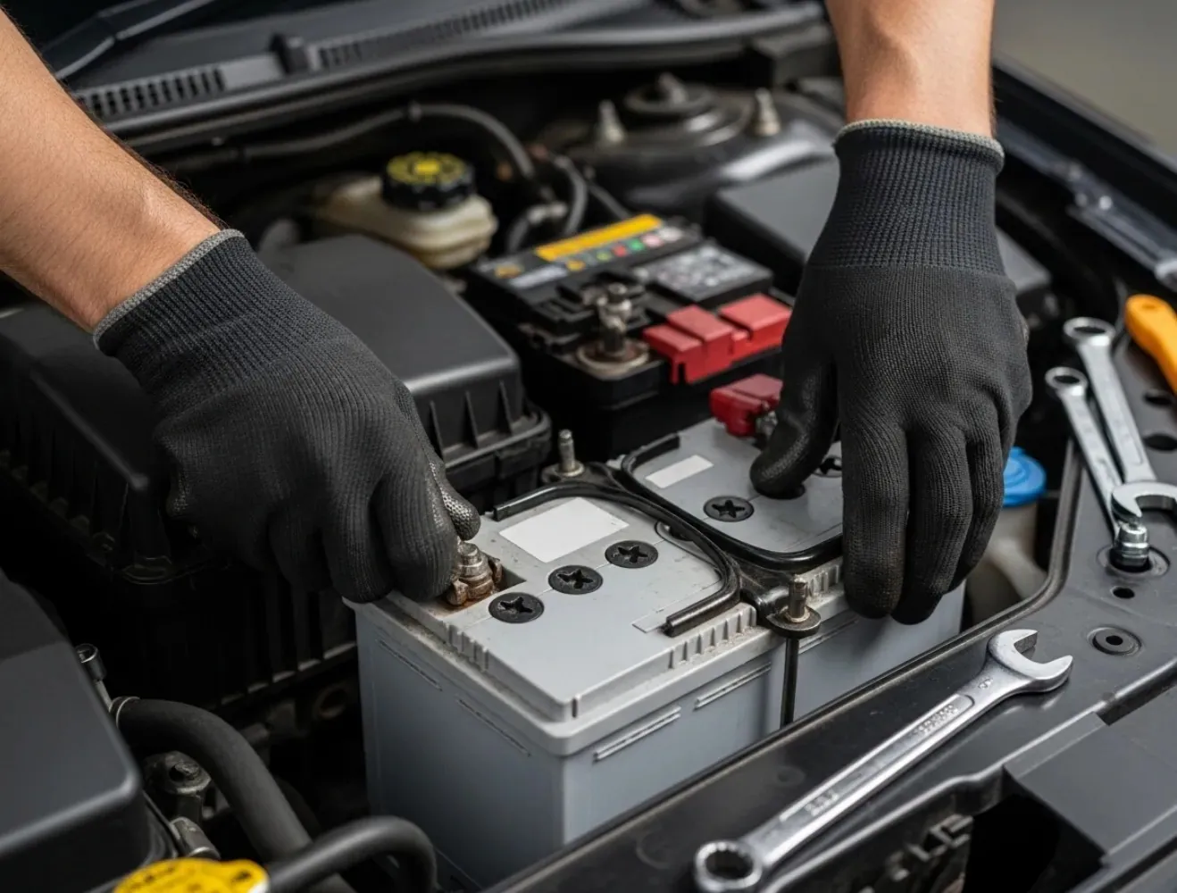 Matched to the vehicle Black-gloved hands lifting a battery