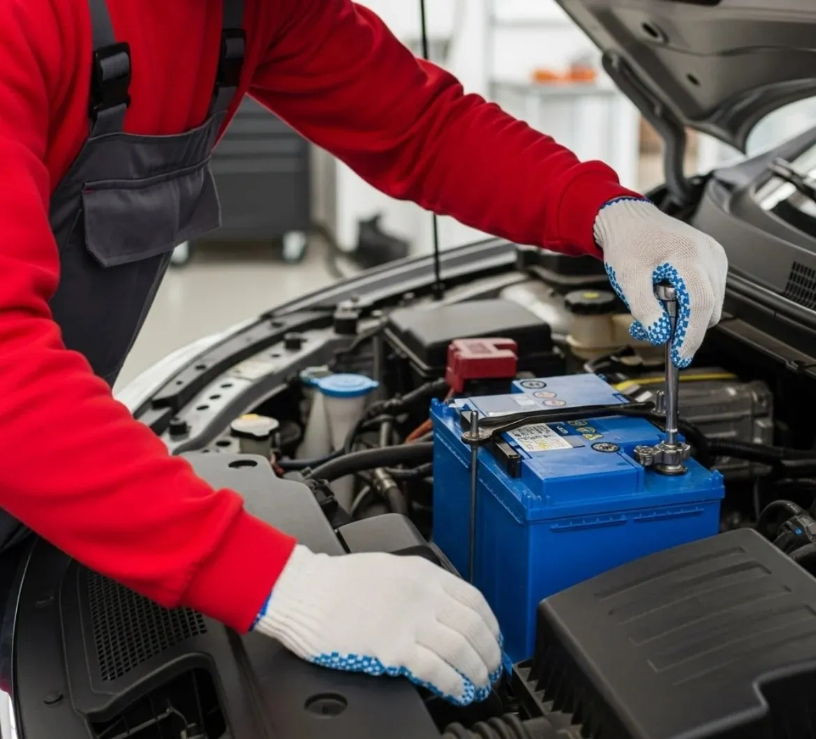 Careful hands on every job Technician in red fitting a blue battery