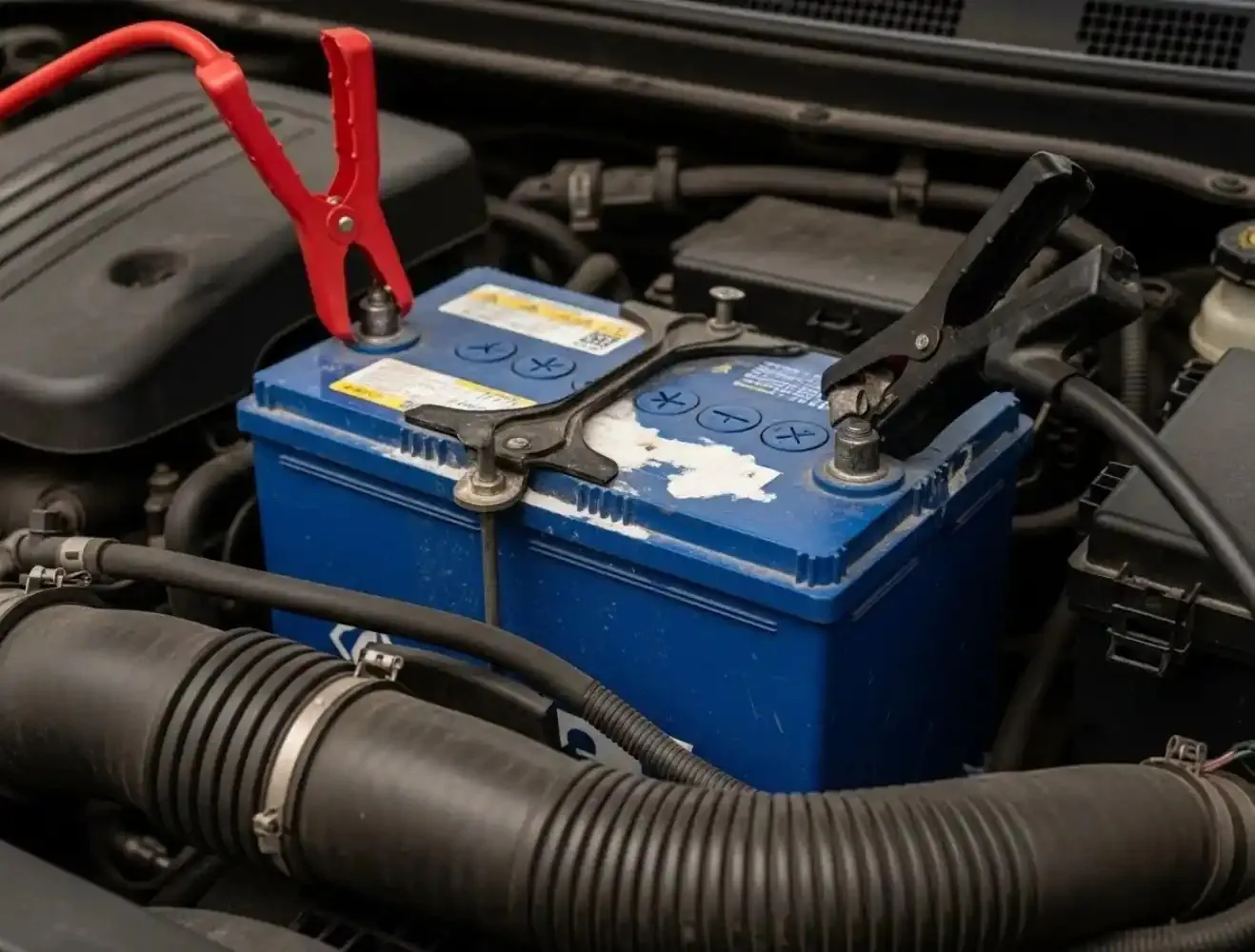 Jump clamps on a blue battery